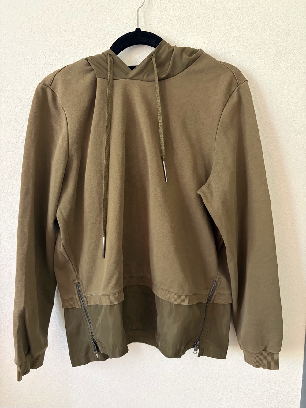 Comma Casual Identity Olive Hoodie Utility Mixed Media Zip Hem Size US L